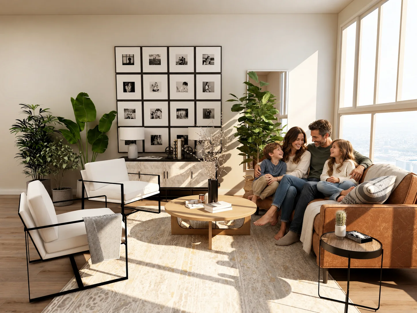 Famille réunie dans un salon lumineux