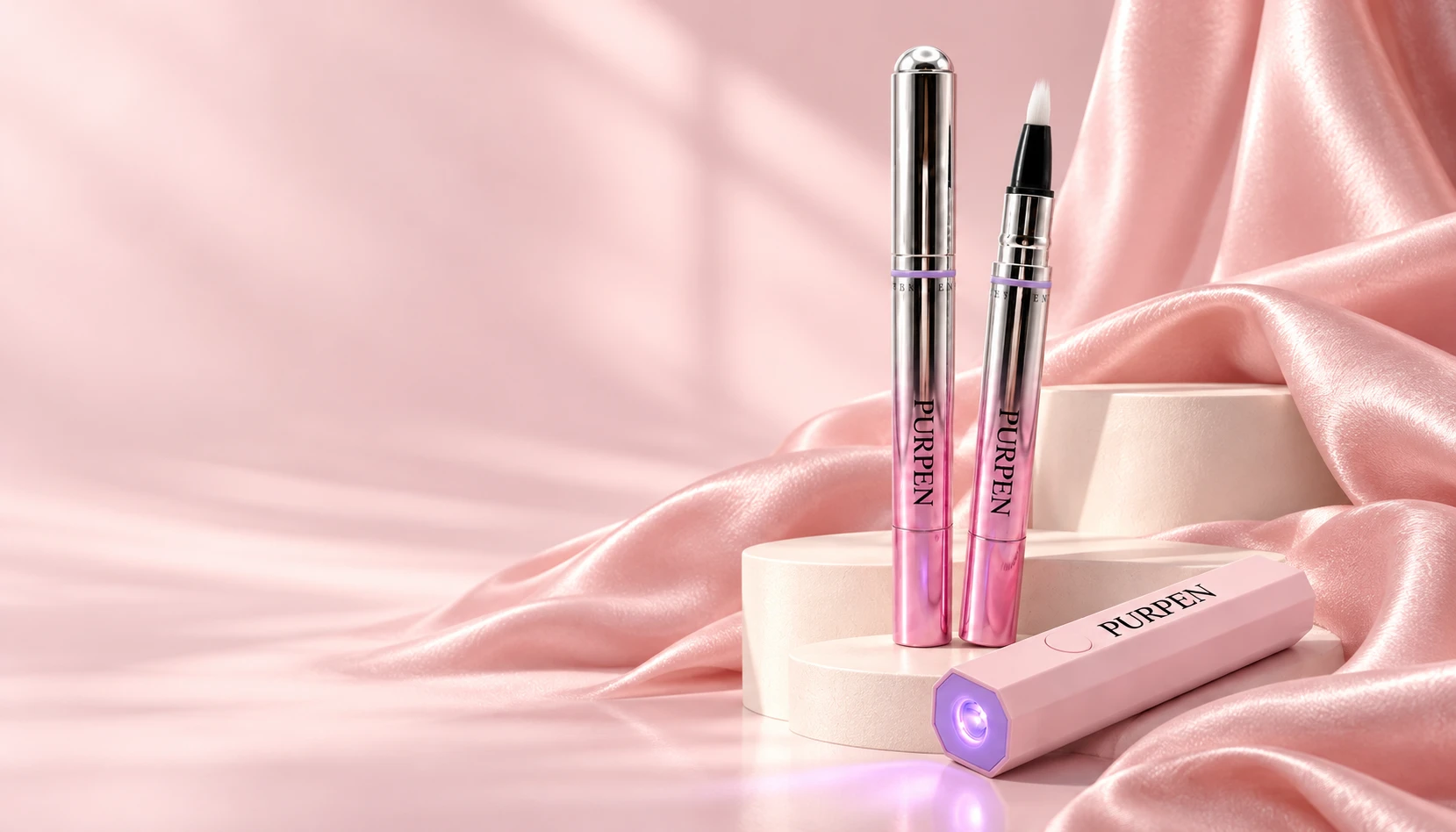 Les stylos PURPEN et leur lampe UV sur un fond rose élégant