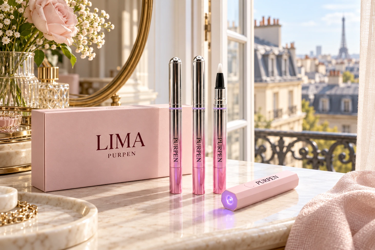 Le coffret LIMA, les stylos PURPEN et la mini lampe UV sur une coiffeuse avec vue sur les toits de Paris