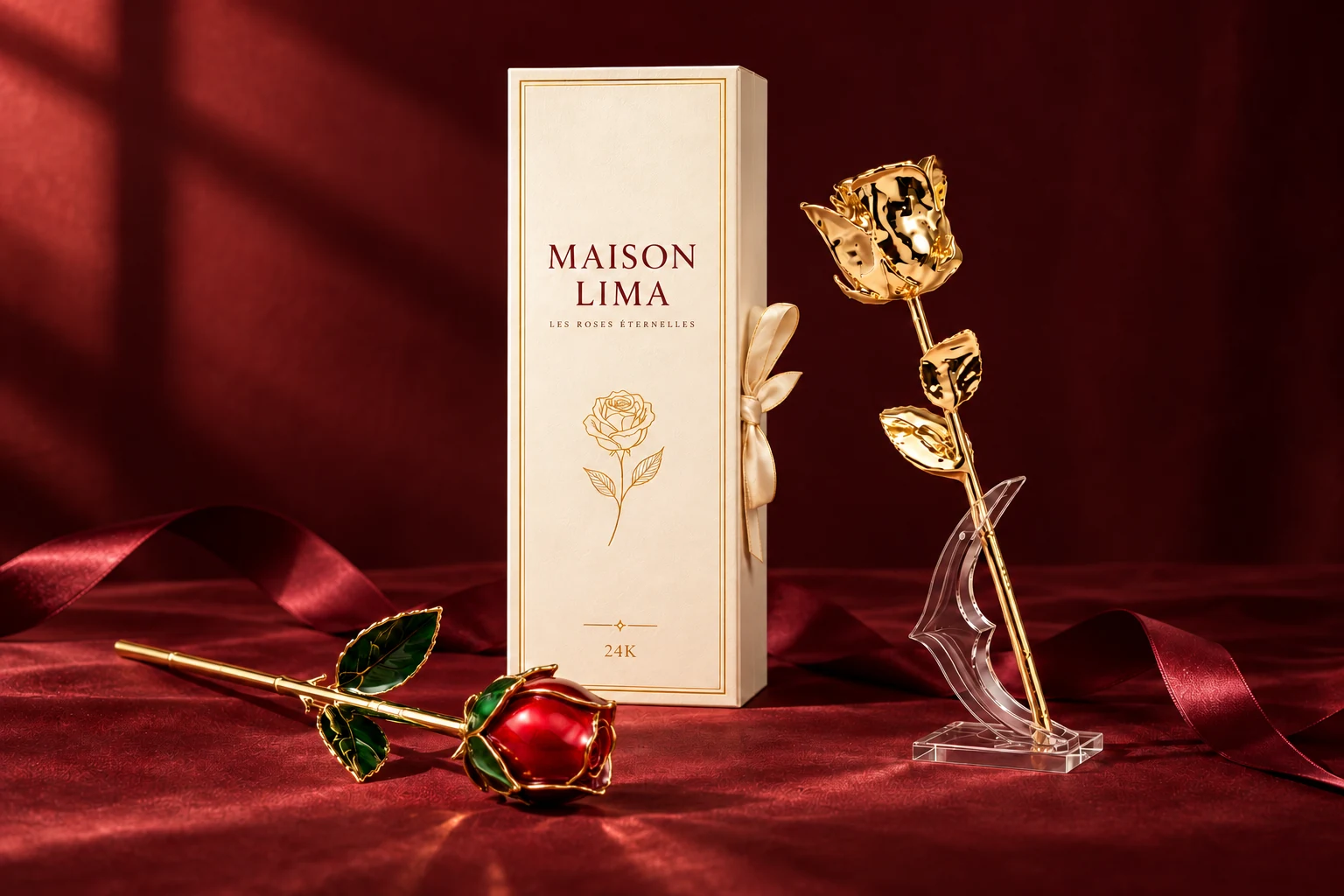 Rose dorée et rose rouge dans l’univers de coffrets Maison Lima
